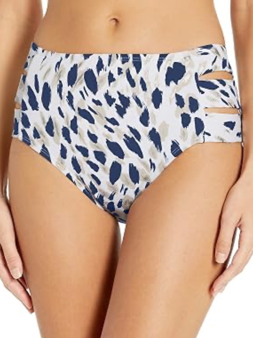 LA BLANCA White Bikini Bottom with Navy and Tan Brushstroke Print